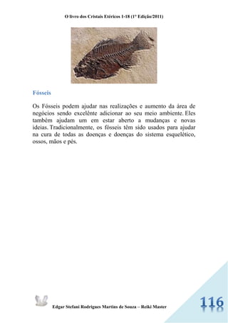 O livro dos Cristais Etéricos 1-18 (1° Edição/2011) 
Edgar Stefani Rodrigues Martins de Souza – Reiki Master 
Fósseis 
Os Fósseis podem ajudar nas realizações e aumento da área de negócios sendo excelênte adicionar ao seu meio ambiente. Eles também ajudam um em estar aberto a mudanças e novas ideias. Tradicionalmente, os fósseis têm sido usados para ajudar na cura de todas as doenças e doenças do sistema esquelético, ossos, mãos e pés. 
 