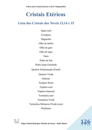 O livro dos Cristais Etéricos 1-18 (1° Edição/2011) 
Edgar Stefani Rodrigues Martins de Souza – Reiki Master 
Cristais Etéricos Lista dos Cristais dos Níveis 13,14 e 15 
Ágata azul 
Crisópaso 
Magnetita 
Olho de falcão 
Olho de gato 
Olho de tigre 
Ouro 
Pedra do Sol Pedra Jaspe Estrelado Quartzo Enfumaçado (Fumê) 
Quartzo Verde 
Selenita 
Tempest Stone 
Topázio azul 
Topázio Imperial 
Turmalina azul 
Turmalina Verde 
Turmalina Melancia (Verde-rosa) 
Wulfenita 
 