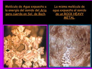 Molécula de Agua expuesta a       La misma molécula de
la energía del sonido del Aria   agua expuesta al sonido
 para cuerda en Sol, de Bach.      de un ROCK HEAVY
                                         METAL.
 