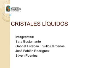 CRISTALES LÍQUIDOS

 Integrantes:
 Sara Bustamante
 Gabriel Esteban Trujillo Cárdenas
 José Fabián Rodríguez
 Stiven Puentes
 