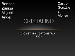 CRISTALINO
Benítez
Zúñiga
Miguel
Ángel
Castro
Gonzále
z
Alonso
CICS-ST IPN OPTOMETRIA
1TV23
 