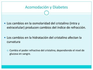 Acomodación y DiabetesLos cambios en la osmolaridad del cristalino (intra y extracelular) producencambios del índice de refracción.Los cambios en la hidratación del cristalinoafectan la curvaturaCambia el poderrefractivo del cristalino, dependiendo el nivel de glucosa en sangre.