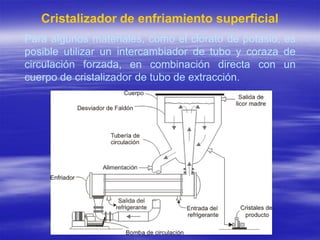 Cristalizador de enfriamiento superficial
Para algunos materiales, como el clorato de potasio, es
posible utilizar un intercambiador de tubo y coraza de
circulación forzada, en combinación directa con un
cuerpo de cristalizador de tubo de extracción.
 