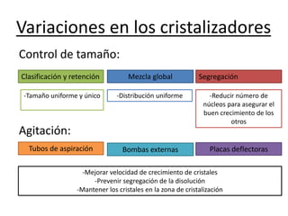 Variaciones en los cristalizadores
Control de tamaño:
Clasificación y retención Mezcla global Segregación
Agitación:
Tubos de aspiración Placas deflectorasBombas externas
-Mejorar velocidad de crecimiento de cristales
-Prevenir segregación de la disolución
-Mantener los cristales en la zona de cristalización
-Tamaño uniforme y único -Distribución uniforme -Reducir número de
núcleos para asegurar el
buen crecimiento de los
otros
 