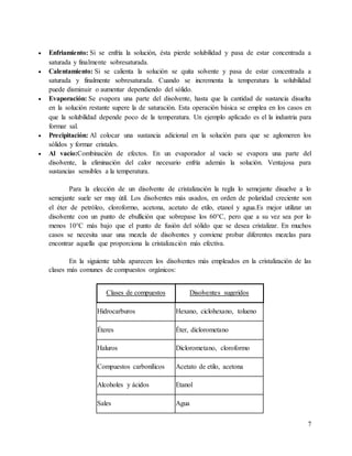 7
 Enfriamiento: Si se enfría la solución, ésta pierde solubilidad y pasa de estar concentrada a
saturada y finalmente sobresaturada.
 Calentamiento: Si se calienta la solución se quita solvente y pasa de estar concentrada a
saturada y finalmente sobresaturada. Cuando se incrementa la temperatura la solubilidad
puede disminuir o aumentar dependiendo del sólido.
 Evaporación: Se evapora una parte del disolvente, hasta que la cantidad de sustancia disuelta
en la solución restante supere la de saturación. Esta operación básica se emplea en los casos en
que la solubilidad depende poco de la temperatura. Un ejemplo aplicado es el la industria para
formar sal.
 Precipitación: Al colocar una sustancia adicional en la solución para que se aglomeren los
sólidos y formar cristales.
 Al vacío:Combinación de efectos. En un evaporador al vacío se evapora una parte del
disolvente, la eliminación del calor necesario enfría además la solución. Ventajosa para
sustancias sensibles a la temperatura.
Para la elección de un disolvente de cristalización la regla lo semejante disuelve a lo
semejante suele ser muy útil. Los disolventes más usados, en orden de polaridad creciente son
el éter de petróleo, cloroformo, acetona, acetato de etilo, etanol y agua.Es mejor utilizar un
disolvente con un punto de ebullición que sobrepase los 60°C, pero que a su vez sea por lo
menos 10°C más bajo que el punto de fusión del sólido que se desea cristalizar. En muchos
casos se necesita usar una mezcla de disolventes y conviene probar diferentes mezclas para
encontrar aquella que proporciona la cristalización más efectiva.
En la siguiente tabla aparecen los disolventes más empleados en la cristalización de las
clases más comunes de compuestos orgánicos:
Clases de compuestos Disolventes sugeridos
Hidrocarburos Hexano, ciclohexano, tolueno
Éteres Éter, diclorometano
Haluros Diclorometano, cloroformo
Compuestos carbonílicos Acetato de etilo, acetona
Alcoholes y ácidos Etanol
Sales Agua
 