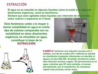 EXTRACCIÓN
El agua no es miscible en algunos líquidos como el aceite o en algunos
disolventes orgánicos, como el cloroformo.
Siempre que sean agitados estos líquidos con intención de mezclarlos,
estos vuelven a separarse en 2 fases.
EJEMPLO: tenemos una solución acuosa con 2
sólidos, uno de los cuales (S1= cafeína) es soluble
en cloroformo (cualquier disolvente no miscible al
agua) y el otro (S2) NO. Al añadir cloroformo sobre
esta solución acuosa y agitar, S2 permanecera en el
agua, mientras que S1 será extraído, al menos
parcialmente, por el cloroformo. Es necesario
repetir este proceso varias veces.
Este fenómeno unido a la mayor o
menor solubilidad en agua en cierto
tipo de solutos comparada con su
solubilidad en otros disolventes
orgánicos no miscibles en agua,
constituye la base de la
EXTRACCIÓN
 