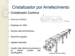 Cristalizador por Arrefecimento
 Cristalizador Contínuo
 Swenson-Walker
 Projetado em 1920;
 Grande calha semicilíndrica;
 Superfície raspada;
 Agitador helicoidal;
 Líquido mãe retorna ao processo e
os cristais úmidos são
centrifugados. Cristalizador Swenson-Walker
 
