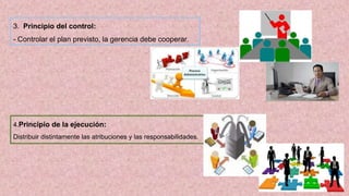 3. Principio del control:
- Controlar el plan previsto, la gerencia debe cooperar.
4.Principio de la ejecución:
Distribuir distintamente las atribuciones y las responsabilidades.
 