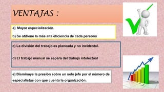 VENTAJAS :
c) La división del trabajo es planeada y no incidental.
d) El trabajo manual se separa del trabajo intelectual
e) Disminuye la presión sobre un solo jefe por el número de
especialistas con que cuenta la organización.
a) Mayor especialización.
b) Se obtiene la más alta eficiencia de cada persona.
 