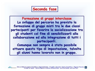 Seconda fase
Formazione di gruppi interclasse
Lo sviluppo del percorso ha previsto la
formazione di gruppi misti tra le due classi
partecipanti per favorire la socializzazione tra
gli studenti col fine di sensibilizzarli alla
collaborazione ed alla integrazione di tutti i
partecipanti.
Comunque non sempre è stato possibile
attuare questo tipo di impostazione, talvolta
gli alunni hanno lavorato non in gruppo.
 
