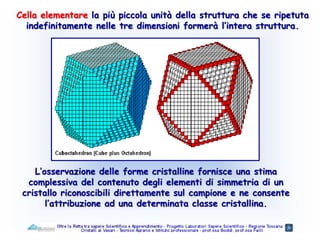 Cella elementare la più piccola unità della struttura che se ripetuta
indefinitamente nelle tre dimensioni formerà l’intera struttura.
L’osservazione delle forme cristalline fornisce una stima
complessiva del contenuto degli elementi di simmetria di un
cristallo riconoscibili direttamente sul campione e ne consente
l’attribuzione ad una determinata classe cristallina.
 