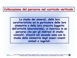 Collocazione del percorso nel curricolo verticale
Lo studio dei minerali, delle loro
caratteristiche ed in particolare delle loro
simmetrie e della loro crescita (oggetto
dell’attività laboratoriale), si inserisce in un
percorso che per gli indirizzi di studio
coinvolti, sfocerà nel secondo anno con lo
studio delle simmetrie degli esseri viventi
animali e vegetali.
 