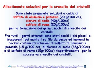 Sono state preparate soluzioni a caldo di:
solfato di alluminio e potassio (20 g/100 cc),
cloruro di sodio (40g/100cc)
solfato di rame (20g/100cc)
per la formazione dei germi, nuclei di crescita dei
cristalli.
Fra tutti i germi ottenuti sono stati scelti i più piccoli e
trasparenti poi montati su filo da pesca ed immersi in
becker contenenti soluzioni di solfato di alluminio e
potassio (15 g/100 cc), di cloruro di sodio (35g/100cc)
e di solfato di rame (15g/100cc) rispettivamente, per la
successiva crescita dei cristalli.
Allestimento soluzioni per la crescita dei cristalli
 