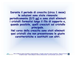 Durante il periodo di crescita (circa 1 mese)
le soluzioni sono state rinnovate
periodicamente (2/3 gg) e sono stati eliminati
i cristalli formatisi lungo il filo di supporto e,
quando possibile, quelli cresciuti sul cristallo
principale.
Nel corso della crescita sono stati eliminati
quei cristalli che non presentavano le giuste
caratteristiche e sostituiti con altri.
 