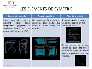 LES ÉLÉMENTS DE SYMÉTRIE
13
Campus centre
Centre de symétrie Plans de symétrie Axes de symétrie
Point imaginaire où se
croisent des lignes
imaginaires joignant les
sommets deux à deux. Ce
centre est toujours noté C.
Un plan de symétrie divise le
cristal en deux moitiés qui
sont le miroir l'une de
l'autre.
Un axe de symétrie est un
axe autour duquel on fait
pivoter un cristal.
Un axe inverse est un axe
autour du quel, lors de la
rotation, le cristal se trouve
dans une position identique
inversée.
03/06/2013
 