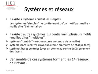 Systèmes et réseaux
• Il existe 7 systèmes cristallins simples.
Les systèmes "simples" ne contiennent qu'un motif par maille =
maille dite "élémentaire«
• Il existe d’autres systèmes qui contiennent plusieurs motifs
=mailles dites "multiples".
 systèmes "centrés" (avec un atome au centre de la maille)
 systèmes faces centrées (avec un atome au centre de chaque face)
 systèmes bases centrées (avec un atome au centre de 2 seulement
des faces).
• L’ensemble de ces systèmes forment les 14 réseaux
de Bravais .
14
Campus centre
03/06/2013
 