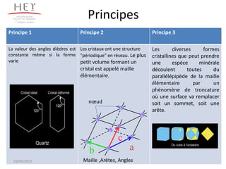 Principes
8
Campus centre
Principe 1 Principe 2 Principe 3
La valeur des angles dièdres est
constante même si la forme
varie
Les cristaux ont une structure
"périodique" en réseau. Le plus
petit volume formant un
cristal est appelé maille
élémentaire.
Les diverses formes
cristallines que peut prendre
une espèce minérale
découlent toutes du
parallélépipède de la maille
élémentaire par un
phénomène de troncature
où une surface va remplacer
soit un sommet, soit une
arête.
ab
c
nœud
Maille ,Arêtes, Angles03/06/2013
 