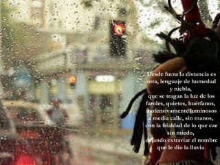 Desde fuera la distancia es otra, lenguaje de humedad y niebla,  que se tragan la luz de los faroles, quietos, huérfanos,  inofensivamente luminosos a media calle, sin manos,  con la frialdad de lo que cae sin miedo,  dejando extraviar el nombre que le dio la lluvia  