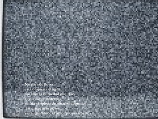 No para de llover,  está despierta el agua,  nos dice la humedad que trae,  el vuelo que sustenta,  su fría simpleza de circular angustia, los grises más grises  y el lugar donde el amor piensa tenerte  