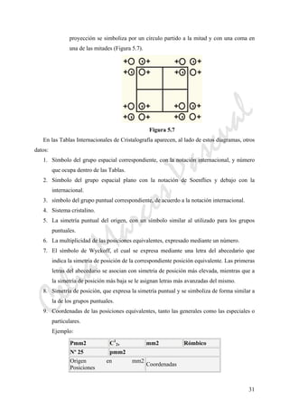 CeliaMarcosPascual
31
proyección se simboliza por un círculo partido a la mitad y con una coma en
una de las mitades (Figura 5.7).
Figura 5.7
En las Tablas Internacionales de Cristalografía aparecen, al lado de estos diagramas, otros
datos:
1. Símbolo del grupo espacial correspondiente, con la notación internacional, y número
que ocupa dentro de las Tablas.
2. Símbolo del grupo espacial plano con la notación de Soenflies y debajo con la
internacional.
3. símbolo del grupo puntual correspondiente, de acuerdo a la notación internacional.
4. Sistema cristalino.
5. La simetría puntual del origen, con un símbolo similar al utilizado para los grupos
puntuales.
6. La multiplicidad de las posiciones equivalentes, expresado mediante un número.
7. El símbolo de Wyckoff, el cual se expresa mediante una letra del abecedario que
indica la simetría de posición de la correspondiente posición equivalente. Las primeras
letras del abecedario se asocian con simetría de posición más elevada, mientras que a
la simetría de posición más baja se le asignan letras más avanzadas del mismo.
8. Simetría de posición, que expresa la simetría puntual y se simboliza de forma similar a
la de los grupos puntuales.
9. Coordenadas de las posiciones equivalentes, tanto las generales como las especiales o
particulares.
Ejemplo:
Pmm2 C1
2v mm2 Rómbico
Nº 25 pmm2
Origen en mm2
Posiciones
Coordenadas
 