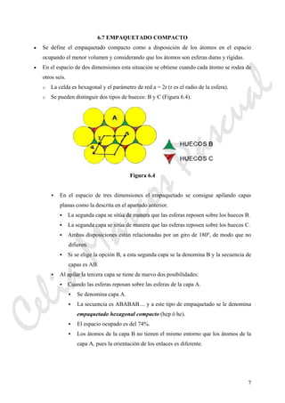 7
6.7 EMPAQUETADO COMPACTO
• Se define el empaquetado compacto como a disposición de los átomos en el espacio
ocupando el menor volumen y considerando que los átomos son esferas duras y rígidas.
• En el espacio de dos dimensiones esta situación se obtiene cuando cada átomo se rodea de
otros seis.
o La celda es hexagonal y el parámetro de red a = 2r (r es el radio de la esfera).
o Se pueden distinguir dos tipos de huecos: B y C (Figura 6.4).
Figura 6.4
En el espacio de tres dimensiones el empaquetado se consigue apilando capas
planas como la descrita en el apartado anterior.
La segunda capa se sitúa de manera que las esferas reposen sobre los huecos B.
La segunda capa se sitúa de manera que las esferas reposen sobre los huecos C.
Ambas disposiciones están relacionadas por un giro de 180º, de modo que no
difieren.
Si se elige la opción B, a esta segunda capa se la denomina B y la secuencia de
capas es AB.
Al apilar la tercera capa se tiene de nuevo dos posibilidades:
Cuando las esferas reposan sobre las esferas de la capa A.
Se denomina capa A.
La secuencia es ABABAB.... y a este tipo de empaquetado se le denomina
empaquetado hexagonal compacto (hcp ó hc).
El espacio ocupado es del 74%.
Los átomos de la capa B no tienen el mismo entorno que los átomos de la
capa A, pues la orientación de los enlaces es diferente.
CeliaMarcosPascual
 