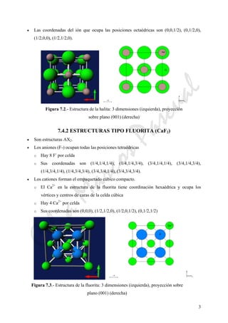 3
• Las coordenadas del ión que ocupa las posiciones octaédricas son (0,0,1/2), (0,1/2,0),
(1/2,0,0), (1/2,1/2,0).
Figura 7.2.- Estructura de la halita: 3 dimensiones (izquierda), proyección
sobre plano (001) (derecha)
7.4.2 ESTRUCTURAS TIPO FLUORITA (CaF2)
• Son estructuras AX2.
• Los aniones (F-) ocupan todas las posiciones tetraédricas
o Hay 8 F-
por celda
o Sus coordenadas son (1/4,1/4,1/4), (1/4,1/4,3/4), (3/4,1/4,1/4), (3/4,1/4,3/4),
(1/4,3/4,1/4), (1/4,3/4,3/4), (3/4,3/4,1/4), (3/4,3/4,3/4).
• Los cationes forman el empaquetado cúbico compacto.
o El Ca2+
en la estructura de la fluorita tiene coordinación hexaédrica y ocupa los
vértices y centros de caras de la celda cúbica
o Hay 4 Ca2+
por celda
o Sus coordenadas son (0,0,0), (1/2,1/2,0), (1/2,0,1/2), (0,1/2,1/2)
Figura 7.3.- Estructura de la fluorita: 3 dimensiones (izquierda), proyección sobre
plano (001) (derecha)
CeliaMarcosPascual
 