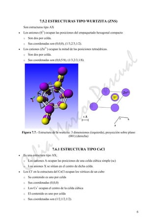 6
7.5.2 ESTRUCTURAS TIPO WURTZITA (ZNS)
Son estructuras tipo AX
• Los aniones (S2-
) ocupan las posiciones del empaquetado hexagonal compacto
o Son dos por celda.
o Sus coordenadas son (0,0,0), (1/3,2/3,1/2).
• Los cationes (Zn2+
) ocupan la mitad de las posiciones tetraédricas.
o Son dos por celda.
o Sus coordenadas son (0,0,5/8), (1/3,2/3,1/8).
Figura 7.7.- Estructura de la wurtzita: 3 dimensiones (izquierda), proyección sobre plano
(001) (derecha)
7.6.1 ESTRUCTURA TIPO CsCl
• Es una estructura tipo AX,
o Los cationes A ocupan las posiciones de una celda cúbica simple (sc)
o Los aniones X se sitúan en el centro de dicha celda.
• Los Cl-
en la estructura del CsCl ocupan los vértices de un cubo
o Su contenido es uno por celda
o Sus coordenadas (0,0,0)
o Los Cs+
ocupan el centro de la celda cúbica
o El contenido es uno por celda
o Sus coordenadas son (1/2,1/2,1/2).
CeliaMarcosPascual
 
