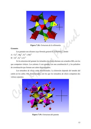 13
Figura 7.18.- Estructura de la sillimanita
Granates
Los granates son silicatos cuya fórmula general es A3B2(SiO4)3, donde:
A = Ca2+
, Mg2+
, Fe2+
o Mn2+
B = Al3+
, Fe3+
o Cr3+
En la estructura del granate los tetraedros de silicio alternan con octaedros BO6 con los
que comparten vértices. Los cationes A son grandes con una coordinación 8, y los poliedros
de coordinación que forman son cubos distorsionados.
Los tetraedros de silicio están distorsionados. La distorsión depende del tamaño del
catión en los cubos AO8 distorsionados, con los que los tetraedros de silicio comparten dos
vértices opuestos.
Figura 7.19.- Estructura del granate
CeliaMarcosPascual
 