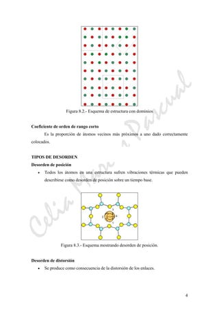 CeliaMarcosPascual
4
Figura 8.2.- Esquema de estructura con dominios
Coeficiente de orden de rango corto
Es la proporción de átomos vecinos más próximos a uno dado correctamente
colocados.
TIPOS DE DESORDEN
Desorden de posición
• Todos los átomos en una estructura sufren vibraciones térmicas que pueden
describirse como desorden de posición sobre un tiempo base.
Figura 8.3.- Esquema mostrando desorden de posición.
Desorden de distorsión
• Se produce como consecuencia de la distorsión de los enlaces.
 