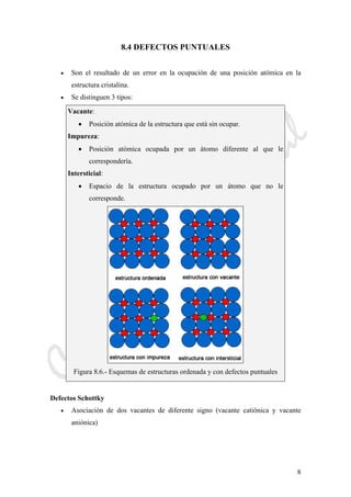 CeliaMarcosPascual
8
8.4 DEFECTOS PUNTUALES
• Son el resultado de un error en la ocupación de una posición atómica en la
estructura cristalina.
• Se distinguen 3 tipos:
Vacante:
• Posición atómica de la estructura que está sin ocupar.
Impureza:
• Posición atómica ocupada por un átomo diferente al que le
correspondería.
Intersticial:
• Espacio de la estructura ocupado por un átomo que no le
corresponde.
Figura 8.6.- Esquemas de estructuras ordenada y con defectos puntuales
Defectos Schottky
• Asociación de dos vacantes de diferente signo (vacante catiónica y vacante
aniónica)
 
