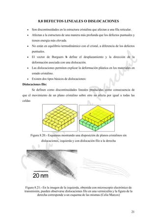 CeliaMarcosPascual
21
8.8 DEFECTOS LINEALES O DISLOCACIONES
• Son discontinuidades en la estructura cristalina que afectan a una fila reticular.
• Afectan a la estructura de una manera más profunda que los defectos puntuales y
tienen energía más elevada.
• No están en equilibrio termodinámico con el cristal, a diferencia de los defectos
puntuales.
• El vector de Burguers b define el desplazamiento y la dirección de la
deformación asociada con una dislocación.
• Las dislocaciones permiten explicar la deformación plástica en los materiales en
estado cristalino.
• Existen dos tipos básicos de dislocaciones:
Dislocaciones filo:
Se definen como discontinuidades lineales producidas como consecuencia de
que el movimiento de un plano cristalino sobre otro no afecta por igual a todas las
celdas
Figura 8.20.- Esquemas mostrando una disposición de planos cristalinos sin
dislocaciones, izquierda y con dislocación filo a la derecha
Figura 8.21.- En la imagen de la izquierda, obtenida con microscopio electrónico de
transmisión, pueden observarse dislocaciones filo en una vermiculita y la figura de la
derecha corresponde a un esquema de las mismas (Celia Marcos)
 