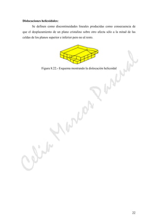 CeliaMarcosPascual
22
Dislocaciones helicoidales:
Se definen como discontinuidades lineales producidas como consecuencia de
que el desplazamiento de un plano cristalino sobre otro afecta sólo a la mitad de las
celdas de los planos superior e inferior pero no al resto.
Figura 8.22.- Esquema mostrando la dislocación helicoidal
 