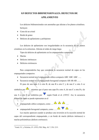 CeliaMarcosPascual
23
8.9 DEFECTOS BIDIMENSIONALES. DEFECTOS DE
APILAMIENTO
Los defectos bidimensionales son anomalías que afectan a los planos cristalinos.
Incluyen:
• Caras de un cristal
• Borde de grano
• Defectos de apilamiento y politipismo
Los defectos de apilamiento son irregularidades en la secuencia de los planos
cristalinos en la estructura. Afectan al orden de rango largo.
Tipos de defectos de apilamiento en los empaquetados compactos:
• Maclas
• Defectos intrínsecos
• Defectos extrínsecos
Para comprenderlos hay que considerar la secuencia normal de capas en los
empaquetados compactos.
• Secuencia normal en el empaquetado cúbico compacto ABC ABC ABC …..
• Secuencia normal en el empaquetado hexagonal compacto AB AB AB ……
El paso de una capa A a otra B, de una B a otra C y de una C a otra A se
simboliza por mientras que el paso una capa B a otra A, de una C a otra B y de
una A a otra C se simboliza por según Frank et al. (1953)1
. Así, la secuencia
normal de capas se puede representar en el
• empaquetado cúbico compacto, como …. ….
• empaquetado hexagonal compacto, como ….. …..
Las maclas aparecen cuando se produce una inversión en la sucesión normal de
capas del correspondiente empaquetado, o un borde de macla (defecto intrínseco) o
maclas polisintéticas (defecto extrínseco).
1
Frank, F.C. y Nicholas, J.F. (1953): Phil. Mag., 44, 7, 358, 1213.
 