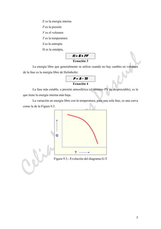 CeliaMarcosPascual
5
E es la energía interna
P es la presión
V es el volumen
T es la temperatura
S es la entropía
H es la entalpía,
Ecuación 3
La energía libre que generalmente se utiliza cuando no hay cambio en volumen
de la fase es la energía libre de Helmholtz:
Ecuación 4
La fase más estable, a presión atmosférica (el término PV es despreciable), es la
que tiene la energía interna más baja.
La variación en energía libre con la temperatura, para una sola fase, es una curva
como la de la Figura 9.3.
Figura 9.3.- Evolución del diagrama G-T
 