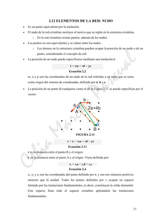 CeliaMarcosPascual
11
2.12 ELEMENTOS DE LA RED: NUDO
• Es un punto equivalente por la traslación.
• El nudo de la red cristalina sustituye al motivo que se repite en la estuctura cristalina.
o En la red cristalina existen puntos, además de los nudos.
• Los puntos no son equivalentes y se sitúan entre los nudos.
o Los átomos en la estructura cristalina pueden ocupar la posición de un nudo o de un
punto, considerando el concepto de red.
• La posición de un nudo puede especificarse mediante una traslación t:
t = ma + nb + pc
Ecuación 2.2
m, n y p son las coordenadas de un nudo de la red referidas a un nudo que se toma
como origen del sistema de coordenadas, definido por a, b y c.
• La posición de un punto B cualquiera como el de la Figura 2.11 se puede especificar por el
vector:
a
b
A
B
ri
r
ri 2a+4b
FIGURA 2.11
r = ri + ma + nb + pc
Ecuación 2.11
r es la distancia entre el punto B y el origen.
ri es la distancia entre el punto A y el origen. Viene definida por:
ri = xia + yib + zic
Ecuación 2.4
xi, yi y zi son las coordenadas del punto definido por ri y son tres números positivos
menores que la unidad. Todos los puntos definidos por ri ocupan un espacio
limitado por las traslaciones fundamentales, es decir, constituyen la celda elemental.
Este espacio llena todo el espacio cristalino aplicándole las traslaciones
fundamentales.
 