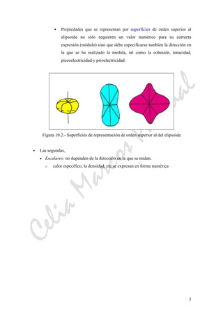 CeliaMarcosPascual
3
Propiedades que se representan por superficies de orden superior al
elipsoide no sólo requieren un valor numérico para su correcta
expresión (módulo) sino que debe especificarse también la dirección en
la que se ha realizado la medida, tal como la cohesión, tenacidad,
piezoelectricidad y piroelectricidad.
Figura 10.2.- Superficies de representación de orden superior al del elipsoide
Las segundas,
• Escalares: no dependen de la dirección en la que se miden.
o calor específico, la densidad, etc.se expresan en forma numérica
 