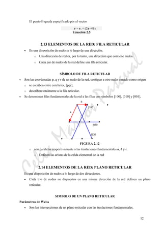 CeliaMarcosPascual
12
El punto B queda especificado por el vector
r = ri + (2a+4b)
Ecuación 2.5
2.13 ELEMENTOS DE LA RED: FILA RETICULAR
• Es una disposición de nudos a lo largo de una dirección.
o Una dirección de red es, por lo tanto, una dirección que contiene nudos.
o Cada par de nudos de la red define una fila reticular.
SÍMBOLO DE FILA RETICULAR
• Son las coordenadas p, q y r de un nudo de la red, contiguo a otro nudo tomado como origen
o se escriben entre corchetes, [pqr],
o describen totalmente a la fila reticular.
• Se denominan filas fundamentales de la red a las filas con símbolos [100], [010] y [001],
FIGURA 2.12
o son paralelas respectivamente a las traslaciones fundamentales a, b y c.
o Definen las aristas de la celda elemental de la red
2.14 ELEMENTOS DE LA RED: PLANO RETICULAR
Es una disposición de nudos a lo largo de dos direcciones.
• Cada trío de nudos no dispuestos en una misma dirección de la red definen un plano
reticular.
SIMBOLO DE UN PLANO RETICULAR
Parámetros de Weiss
• Son las intersecciones de un plano reticular con las traslaciones fundamentales.
b
a
[010
[100
[230
 