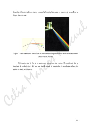 16
de refracción asociado es mayor ya que la longitud de onda es menor, de acuerdo a la
dispersión normal.
Figura 14.10.- Diferente refracción de los colores componentes de la luz blanca cuando
atraviesa un prisma
Refracción de la luz a su paso por un prisma de vidrio. Dependiendo de la
longitud de onda (color) del haz que incide desde la izquierda, el ángulo de refracción
varía, es decir, se dispersa.
CeliaMarcosPascual
 