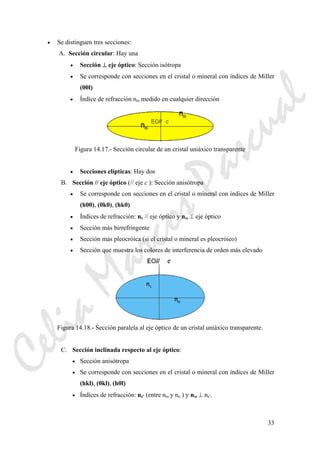 33
• Se distinguen tres secciones:
A. Sección circular: Hay una
• Sección ⊥ eje óptico: Sección isótropa
• Se corresponde con secciones en el cristal o mineral con índices de Miller
(00l)
• Índice de refracción nω medido en cualquier dirección
Figura 14.17.- Sección circular de un cristal uniáxico transparente
• Secciones elípticas: Hay dos
B. Sección // eje óptico (// eje c ): Sección anisótropa
• Se corresponde con secciones en el cristal o mineral con índices de Miller
(h00), (0k0), (hk0)
• Índices de refracción: nε // eje óptico y nω ⊥ eje óptico
• Sección más birrefringente
• Sección más pleocróica (si el cristal o mineral es pleocróico)
• Sección que muestra los colores de interferencia de orden más elevado
Figura 14.18.- Sección paralela al eje óptico de un cristal uniáxico transparente.
C. Sección inclinada respecto al eje óptico:
• Sección anisótropa
• Se corresponde con secciones en el cristal o mineral con índices de Miller
(hkl), (0kl), (h0l)
• Índices de refracción: nε' (entre nω y nε ) y nω ⊥ nε'.
CeliaMarcosPascual
 