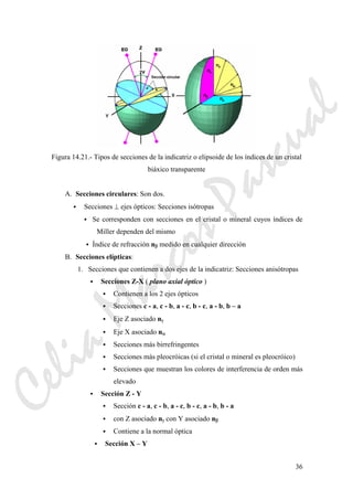 36
Figura 14.21.- Tipos de secciones de la indicatriz o elipsoide de los índices de un cristal
biáxico transparente
A. Secciones circulares: Son dos.
Secciones ⊥ ejes ópticos: Secciones isótropas
Se corresponden con secciones en el cristal o mineral cuyos índices de
Miller dependen del mismo
Índice de refracción nβ medido en cualquier dirección
B. Secciones elípticas:
1. Secciones que contienen a dos ejes de la indicatriz: Secciones anisótropas
Secciones Z-X ( plano axial óptico )
Contienen a los 2 ejes ópticos
Secciones c - a, c - b, a - c, b - c, a - b, b – a
Eje Z asociado nγ
Eje X asociado nα
Secciones más birrefringentes
Secciones más pleocróicas (si el cristal o mineral es pleocróico)
Secciones que muestran los colores de interferencia de orden más
elevado
Sección Z - Y
Sección c - a, c - b, a - c, b - c, a - b, b - a
con Z asociado nγ con Y asociado nβ
Contiene a la normal óptica
Sección X – Y
CeliaMarcosPascual
 