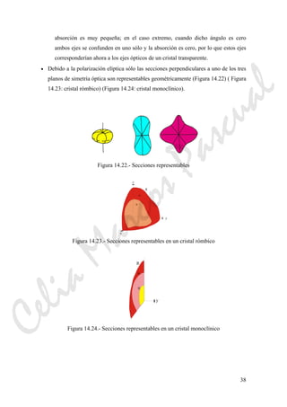 38
absorción es muy pequeña; en el caso extremo, cuando dicho ángulo es cero
ambos ejes se confunden en uno sólo y la absorción es cero, por lo que estos ejes
corresponderían ahora a los ejes ópticos de un cristal transparente.
• Debido a la polarización elíptica sólo las secciones perpendiculares a uno de los tres
planos de simetría óptica son representables geométricamente (Figura 14.22) ( Figura
14.23: cristal rómbico) (Figura 14.24: cristal monoclínico).
Figura 14.22.- Secciones representables
Figura 14.23.- Secciones representables en un cristal rómbico
Figura 14.24.- Secciones representables en un cristal monoclínico
CeliaMarcosPascual
 