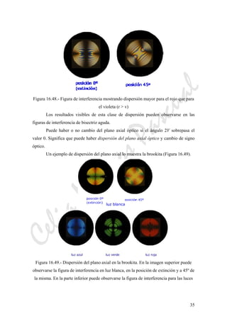 CeliaMarcosPascual
35
Figura 16.48.- Figura de interferencia mostrando dispersión mayor para el rojo que para
el violeta (r > v)
Los resultados visibles de esta clase de dispersión pueden observarse en las
figuras de interferencia de bisectriz aguda.
Puede haber o no cambio del plano axial óptico si el ángulo 2V sobrepasa el
valor 0. Significa que puede haber dispersión del plano axial óptico y cambio de signo
óptico.
Un ejemplo de dispersión del plano axial lo muestra la brookita (Figura 16.49).
Figura 16.49.- Dispersión del plano axial en la brookita. En la imagen superior puede
observarse la figura de interferencia en luz blanca, en la posición de extinción y a 45º de
la misma. En la parte inferior puede observarse la figura de interferencia para las luces
 