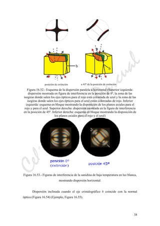 CeliaMarcosPascual
38
Figura 16.52.- Esquema de la dispersión paralela u horizontal (Superior izquierda:
dispersión mostrada en figura de interferencia en la posición de 0º, la zona de las
isogiras donde salen los ejes ópticos para el rojo está coloreada de azul y la zona de las
isogiras donde salen los ejes ópticos para el azul están coloreadas de rojo. Inferior
izquierda: esquema en bloque mostrando la disposición de los planos axiales para el
rojo y para el azul. Superior derecha: dispersión mostrada en la figura de interferencia
en la posición de 45º. Inferior derecha: esquema en bloque mostrando la disposición de
los planos axiales para el rojo y el azul)
Figura 16.53.- Figuras de interferencia de la sanidina de baja temperatura en luz blanca,
mostrando dispersión horizontal.
Dispersión inclinada cuando el eje cristalográfico b coincide con la normal
óptica (Figura 16.54) (Ejemplo, Figura 16.55).
 