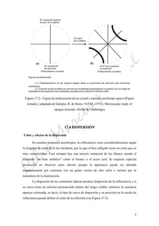 CeliaMarcosPascual
5
Figura 17.2.- Figura de polarización de un cristal o mineral anisótropo opaco (Figura
tomada y adaptada de Galopin, R. & Henry, N.F.M. (1972). Microscopic study of
opaque minerals. Heffer & Cambridge)
17.4 DISPERSIÓN
Color y efectos de la dispersion
En muchos minerales anisótropos, la reflectancia varía considerablemente según
la longitud de onda de la luz incidente, por lo que el haz reflejado tiene un color que es
muy característico. Casi siempre hay una mezcla sustancial de luz blanca, siendo el
resultado "un tinte metálico" como el bronce o el acero azul. Se requiere especial
precaución en observar estos efectos porque la apariencia puede ser alterada
engañosamente por contraste con un grano vecino de otro color o incluso por la
naturaleza de la iluminación.
La dispersión de las constantes ópticas produce dispersión de la reflectancia y si
su curva tiene un máximo pronunciado dentro del rango visible, entonces la sustancia
aparece coloreada, es decir, el tipo de curva de dispersión y su posición en la escala de
reflectancia puede definir el color de la reflexión (ver Figura 17.3).
 