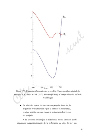 CeliaMarcosPascual
6
Figura 17.3: Curvas de reflectancia para la covellita (Figura tomada y adaptada de
Galopin, R. & Henry, N.F.M. (1972). Microscopic study of opaque minerals. Heffer &
Cambridge)
• En minerales opacos, incluso con una pequeña absorción, la
dispersión de la absorción y por lo tanto de la reflectancia,
produce un color marcado cuando la sustancia se observa con
luz reflejada.
• En secciones anisótropas, la reflectancia de una vibración puede
dispersarse independientemente de la reflectancia de otra. Si hay una
 