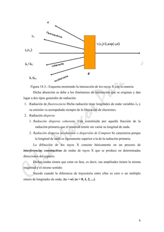 CeliaMarcosPascual
6
Figura 18.3.- Esquema mostrando la interacción de los rayos X con la materia
Dicha absorción se debe a los fenómenos de interacción que se originan y dan
lugar a dos tipos generales de radiación:
1. Radiación de fluorescencia Dicha radiación tiene longitudes de onda variables λf y
su emisión va acompañada siempre de la liberación de electrones.
2. Radiación dispersa
1. Radiación dispersa coherente Está constituida por aquella fracción de la
radiación primaria que el material remite sin variar su longitud de onda.
2. Radiación dispersa incoherente o dispersión de Compton Se caracteriza porque
la longitud de onda es ligeramente superior a la de la radiación primaria.
La difracción de los rayos X consiste básicamente en un proceso de
interferencias constructivas de ondas de rayos X que se produce en determinadas
direcciones del espacio.
Dichas ondas tienen que estar en fase, es decir, sus amplitudes tienen la misma
magnitud y el mismo sentido.
Sucede cuando la diferencia de trayectoria entre ellas es cero o un múltiplo
entero de longitudes de onda, Δx = nλ (n = 0, 1, 2, ...).
 