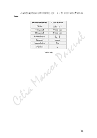 CeliaMarcosPascual
22
Los grupos puntuales centrosimétricos son 11 y se les conoce como Clases de
Laue:
Sistema cristalino Clase de Laue
Cúbico mm
−
3 ,
−
3m
Tetragonal 4/mm, 4/m
Hexagonal 6/mm, 6/m
Romboédrico m
−
3 ,
−
3
Rómbico mmm
Monoclínico 2/m
Triclínico
−
1
Cuadro 18.4
 