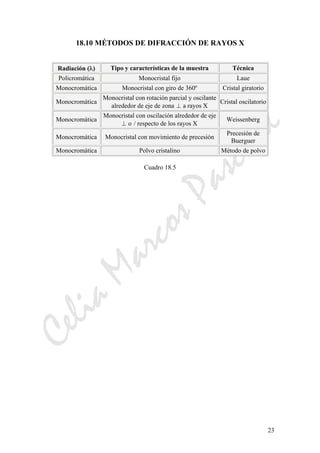 CeliaMarcosPascual
23
18.10 MÉTODOS DE DIFRACCIÓN DE RAYOS X
Radiación (λ) Tipo y características de la muestra Técnica
Policromática Monocristal fijo Laue
Monocromática Monocristal con giro de 360º Cristal giratorio
Monocromática
Monocristal con rotación parcial y oscilante
alrededor de eje de zona ⊥ a rayos X
Cristal oscilatorio
Monocromática
Monocristal con oscilación alrededor de eje
⊥ o / respecto de los rayos X
Weissenberg
Monocromática Monocristal con movimiento de precesión
Precesión de
Buerguer
Monocromática Polvo cristalino Método de polvo
Cuadro 18.5
 