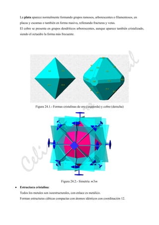 CeliaMarcosPascual
La plata aparece normalmente formando grupos ramosos, arborescentes o filamentosos, en
placas y escamas o también en forma masiva, rellenando fracturas y vetas.
El cobre se presenta en grupos dendríticos arborescentes, aunque aparece también cristalizado,
siendo el octaedro la forma más frecuente.
Figura 24.1.- Formas cristalinas de oro (izquierda) y cobre (derecha)
Figura 24.2.- Simetría mm3
• Estructura cristalina:
Todos los metales son isoestructurales, con enlace es metálico.
Forman estructuras cúbicas compactas con átomos idénticos con coordinación 12.
 
