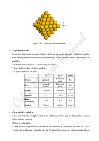 CeliaMarcosPascual
Figura 24.3.- Estructura cristalina del oro
• Propiedades físicas:
Se caracterizan porque son muy blandos, maleables (se pueden extender en láminas), dúctiles
(que admiten grandes deformaciones sin romperse) y séctiles (pueden cortarse con la hoja de un
cuchillo).
Son buenos conductores de la electricidad y del calor.
Tienen brillo metálico y fractura astillosa.
Los puntos de fusión son bajos.
oro plata cobre
Color: Amarillo
Blanco de
plata
Rojo
Raya:
Amarilla
brillante
Blanco de
plata
Roja
Brillo: Metálico Metálico
Metálic
o
Dureza: 2,5 2,5 a 3 2,5 a 3
Peso
específico:
19,3 10,5 8,9
Óptica: Opaco Opaco Opaco
• Características químicas:
Existe solución sólida completa entre el oro y la plata, mientras que el cobre presenta solución
sólida limitada con ellos.
• Origen y yacimientos:
El oro aparece en yacimientos epitermales, metamórficos y yacimientos en zonas de cizalla.
También como placeres y paleoplaceres. En España existen numerosas minas antiguas del oro,
 